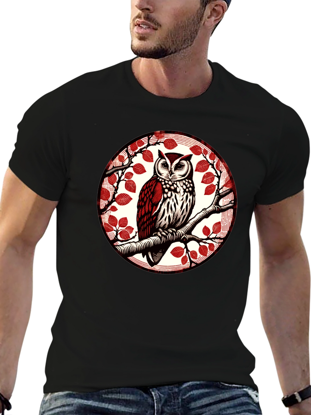 Owl on Branch Graphic Tee - Stylish Bird Design