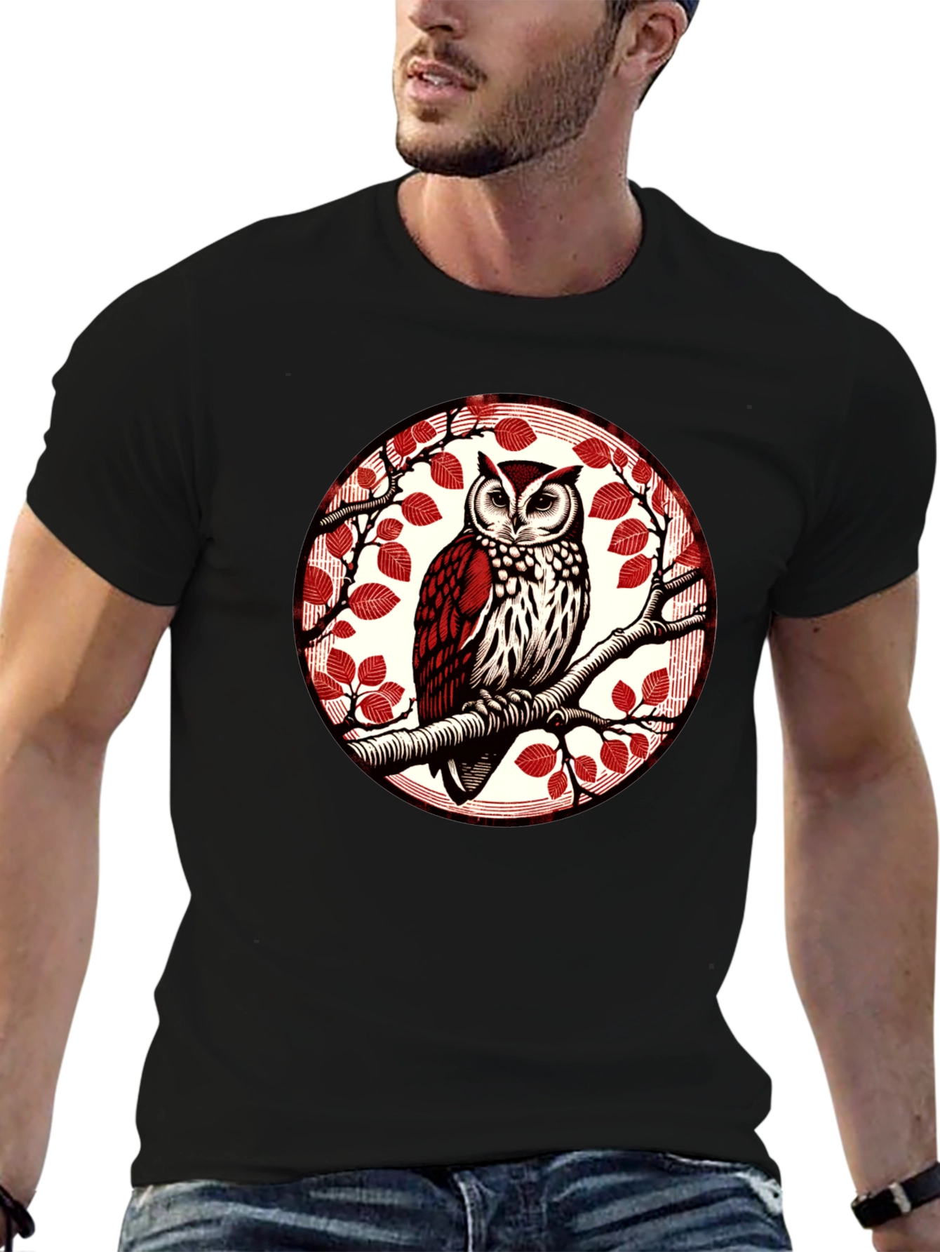 Owl on Branch Graphic Tee - Stylish Bird Design