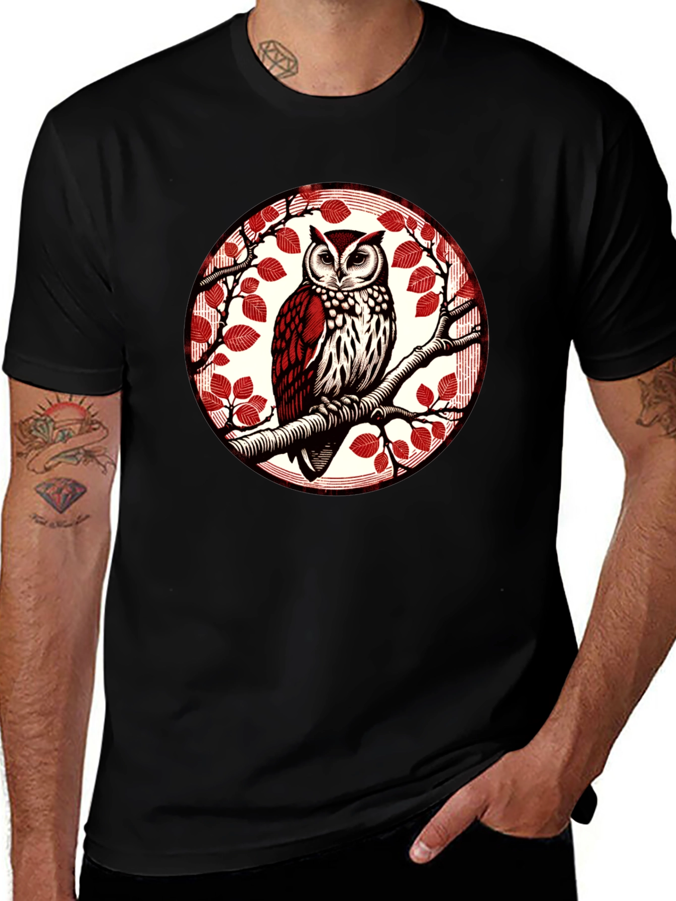 Owl on Branch Graphic Tee - Stylish Bird Design