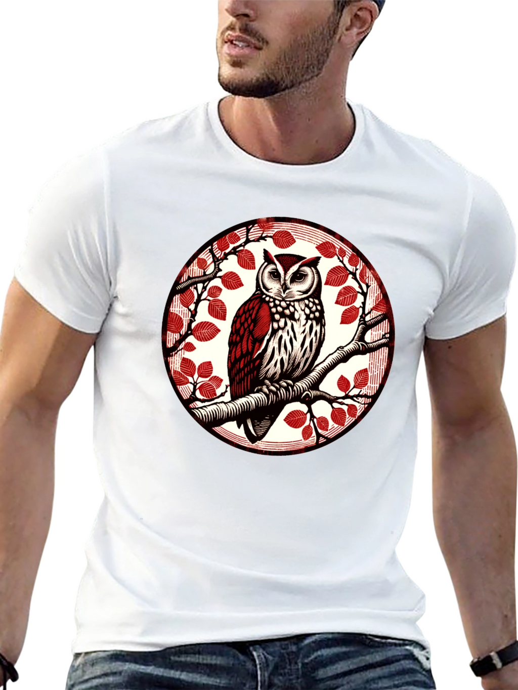 Owl on Branch Graphic Tee - Stylish Bird Design