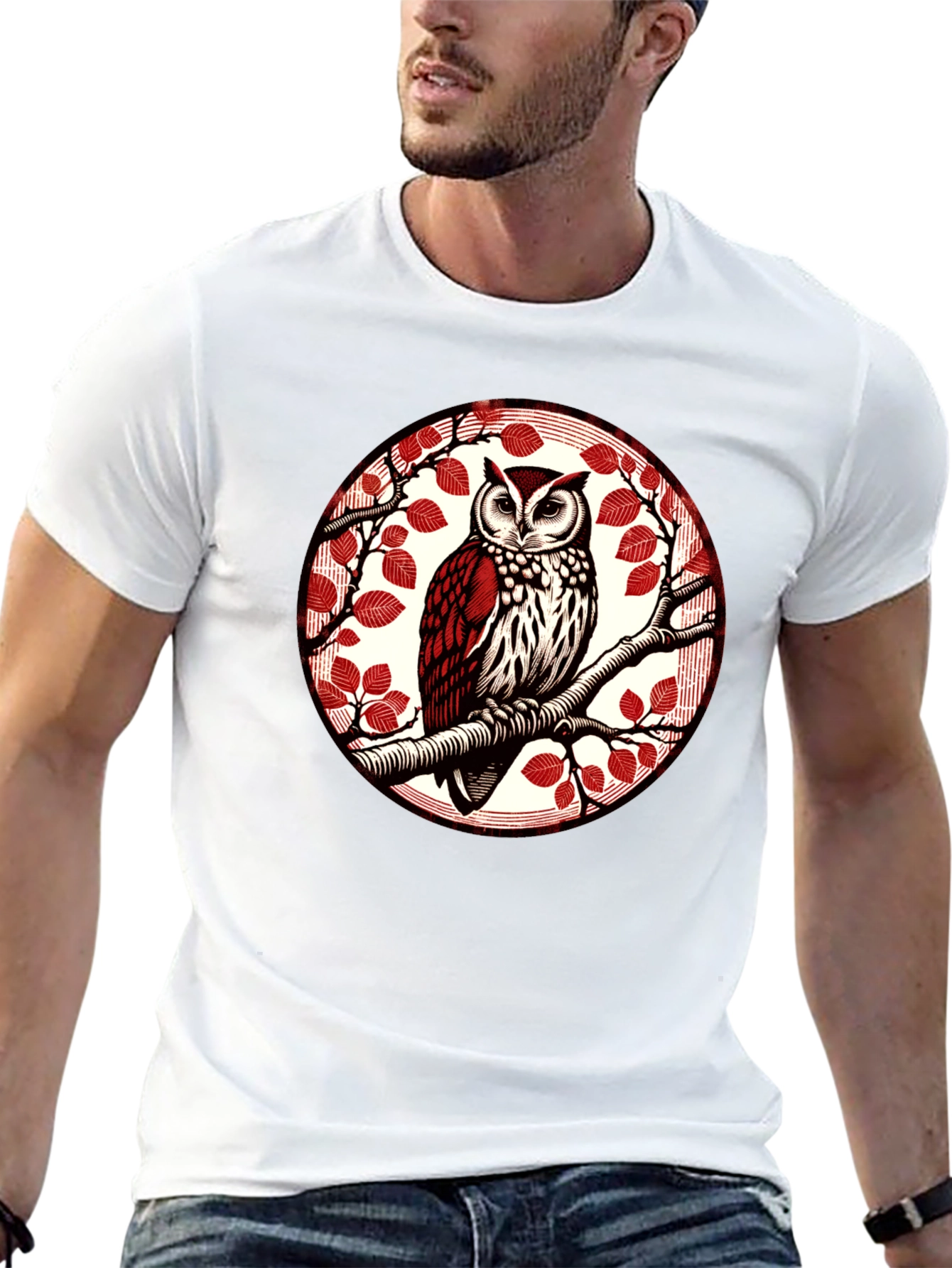 Owl on Branch Graphic Tee - Stylish Bird Design