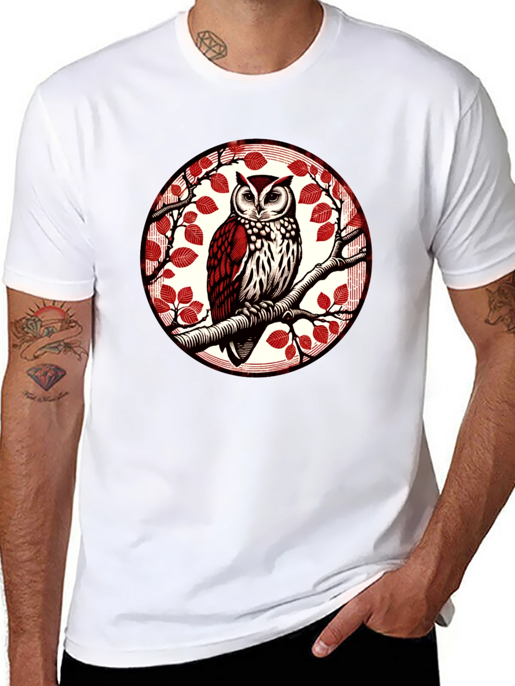 Owl on Branch Graphic Tee - Stylish Bird Design