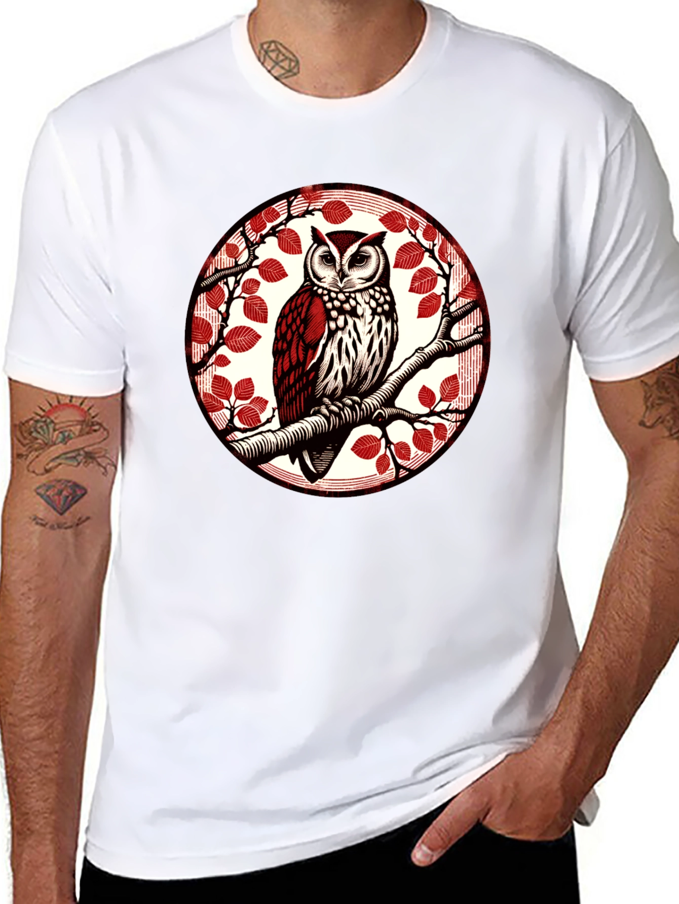 Owl on Branch Graphic Tee - Stylish Bird Design