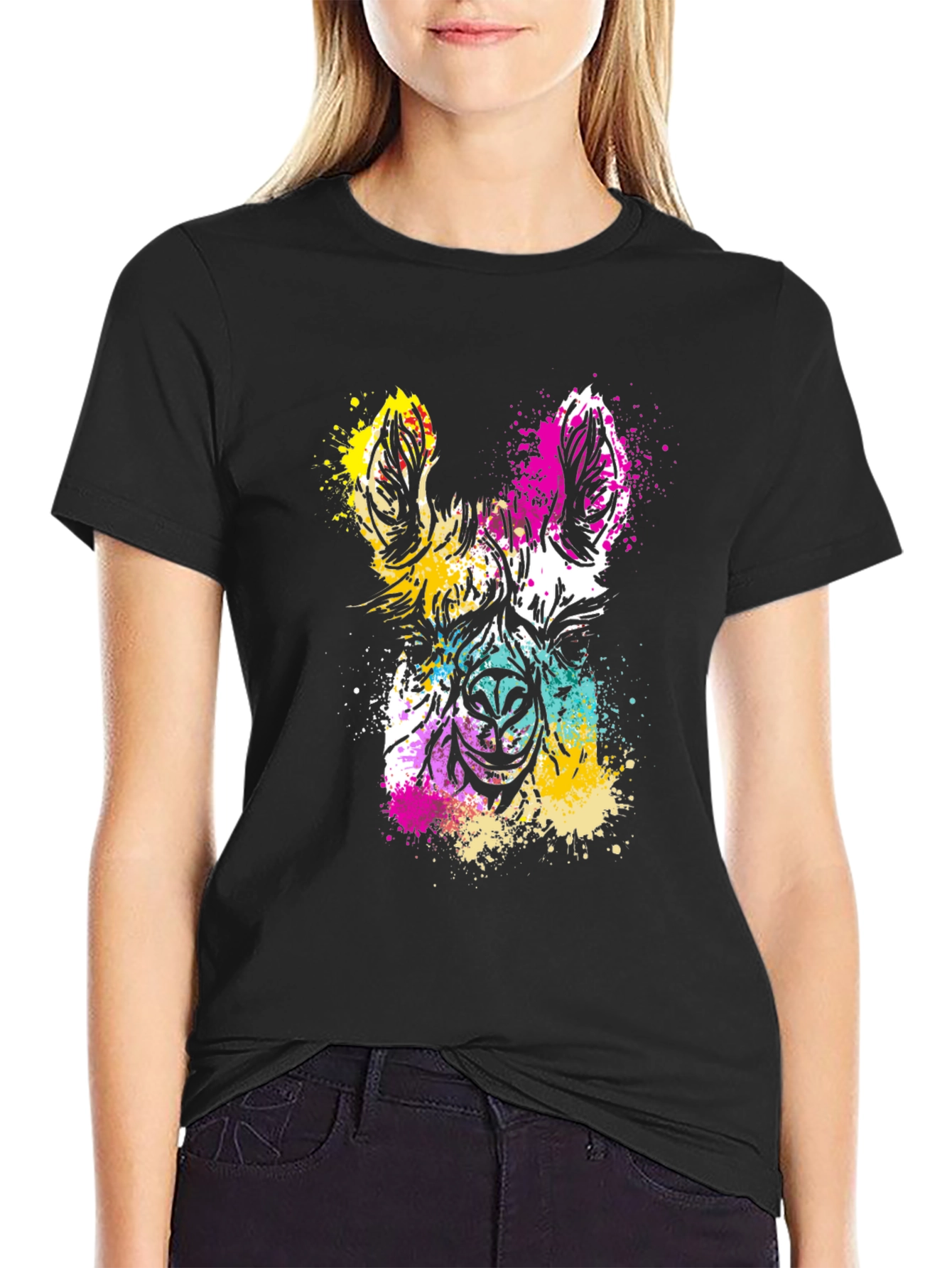 Colorful Llama Splash Art Black T-Shirt