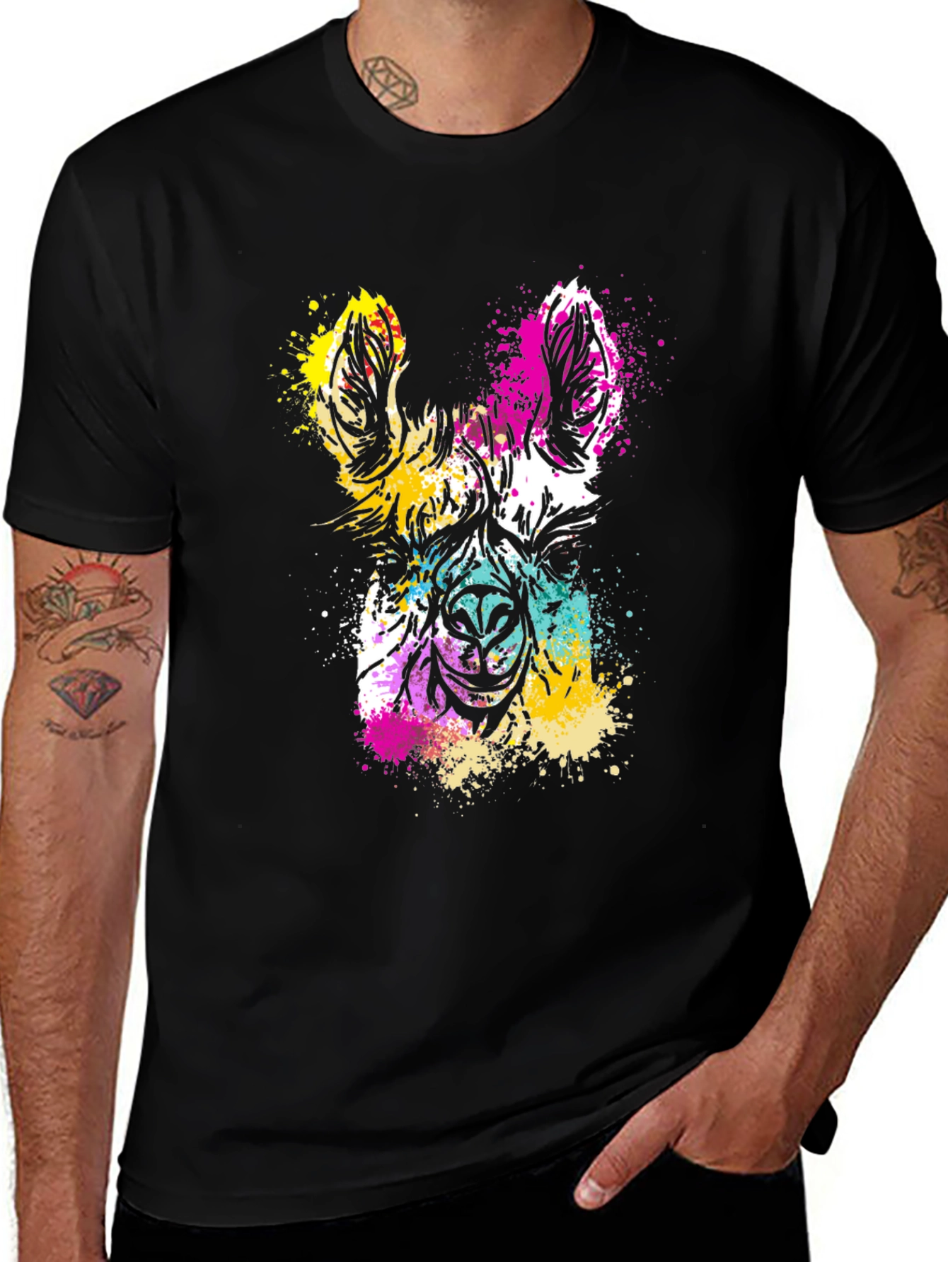 Colorful Llama Splash Art Black T-Shirt