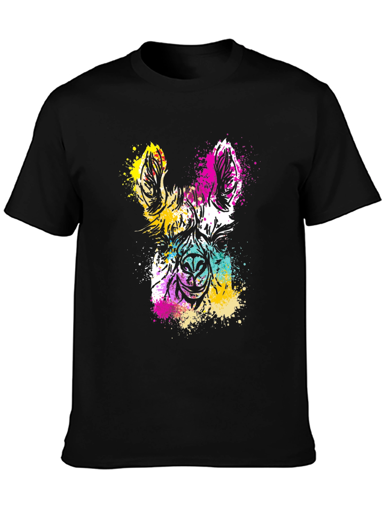 Colorful Llama Splash Art Black T-Shirt