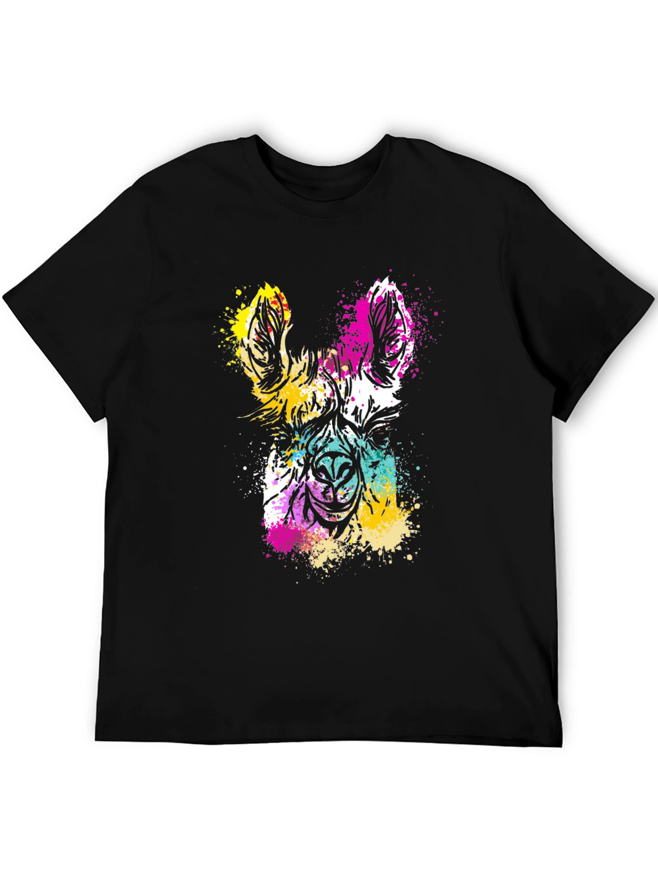 Colorful Llama Splash Art Black T-Shirt