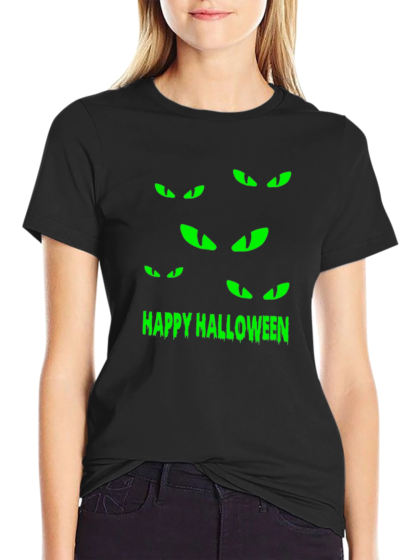 Happy Halloween Eyes T-Shirt - Spooky Black Tee