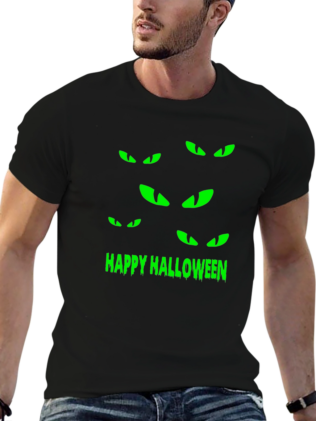 Happy Halloween Eyes T-Shirt - Spooky Black Tee