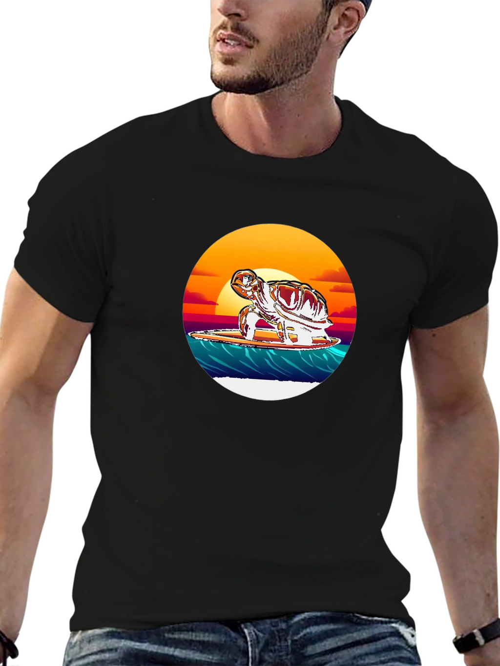 Surfing Turtle Graphic Tee - Black Cotton Blend