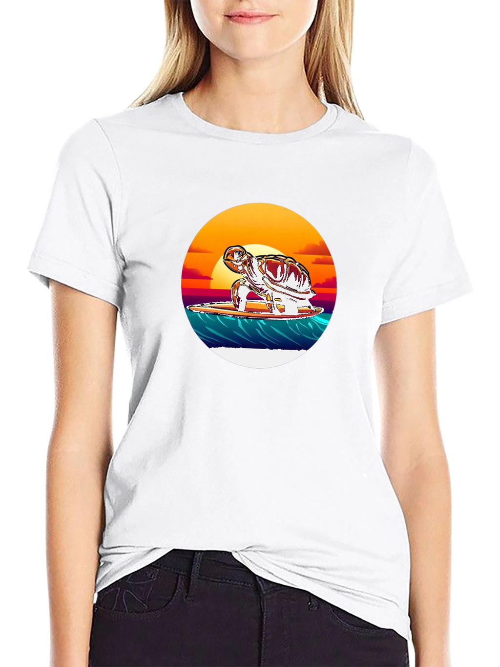 Surfing Turtle Graphic Tee - Black Cotton Blend