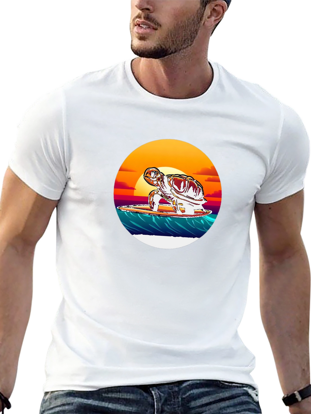 Surfing Turtle Graphic Tee - Black Cotton Blend