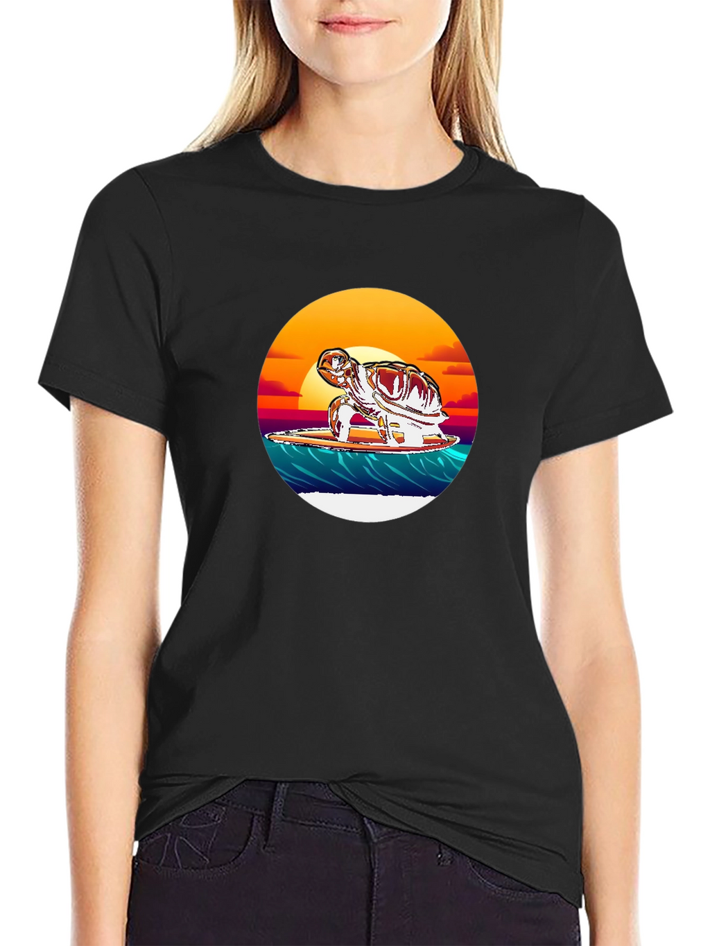 Surfing Turtle Graphic Tee - Black Cotton Blend