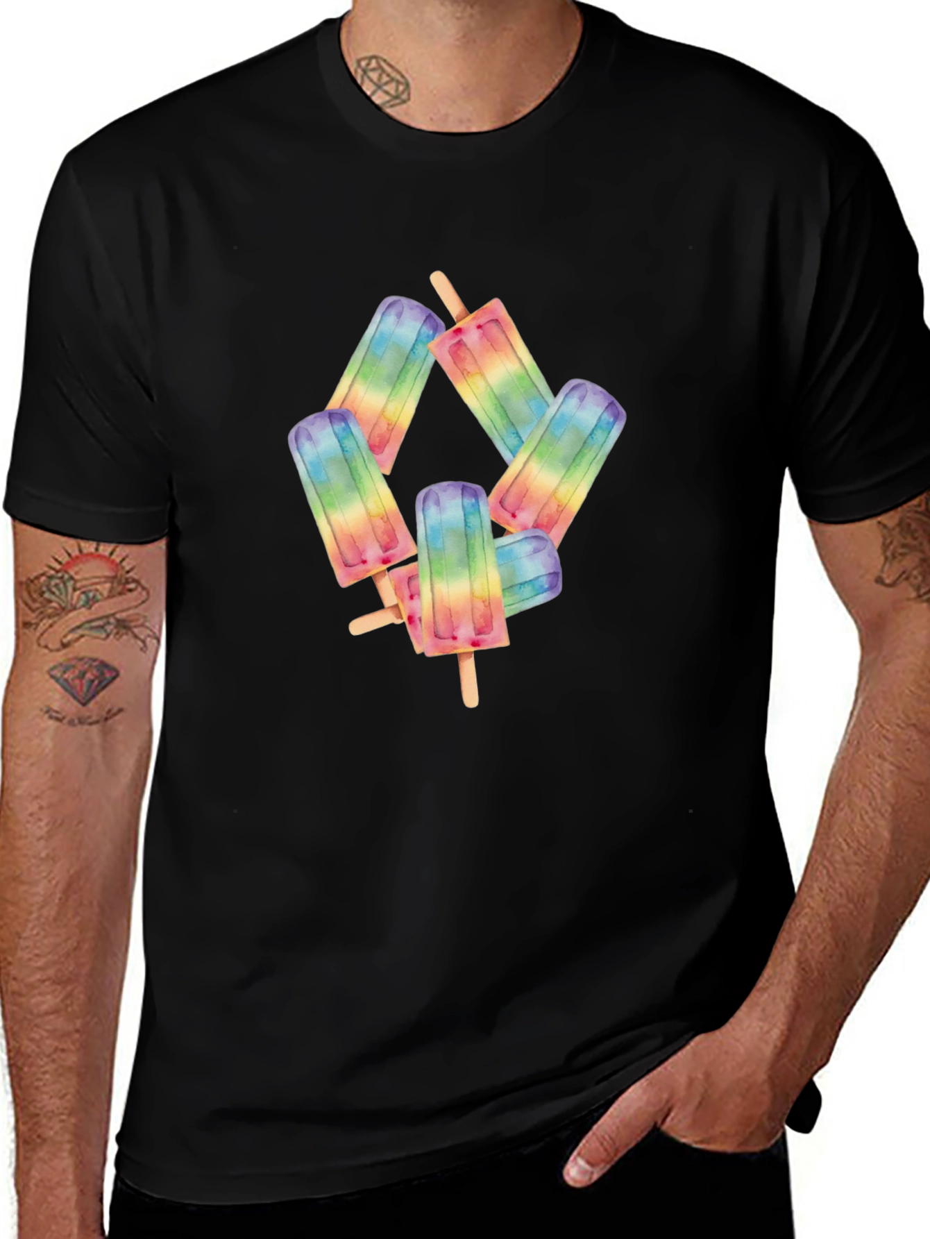 Rainbow Popsicle Graphic Black T-Shirt