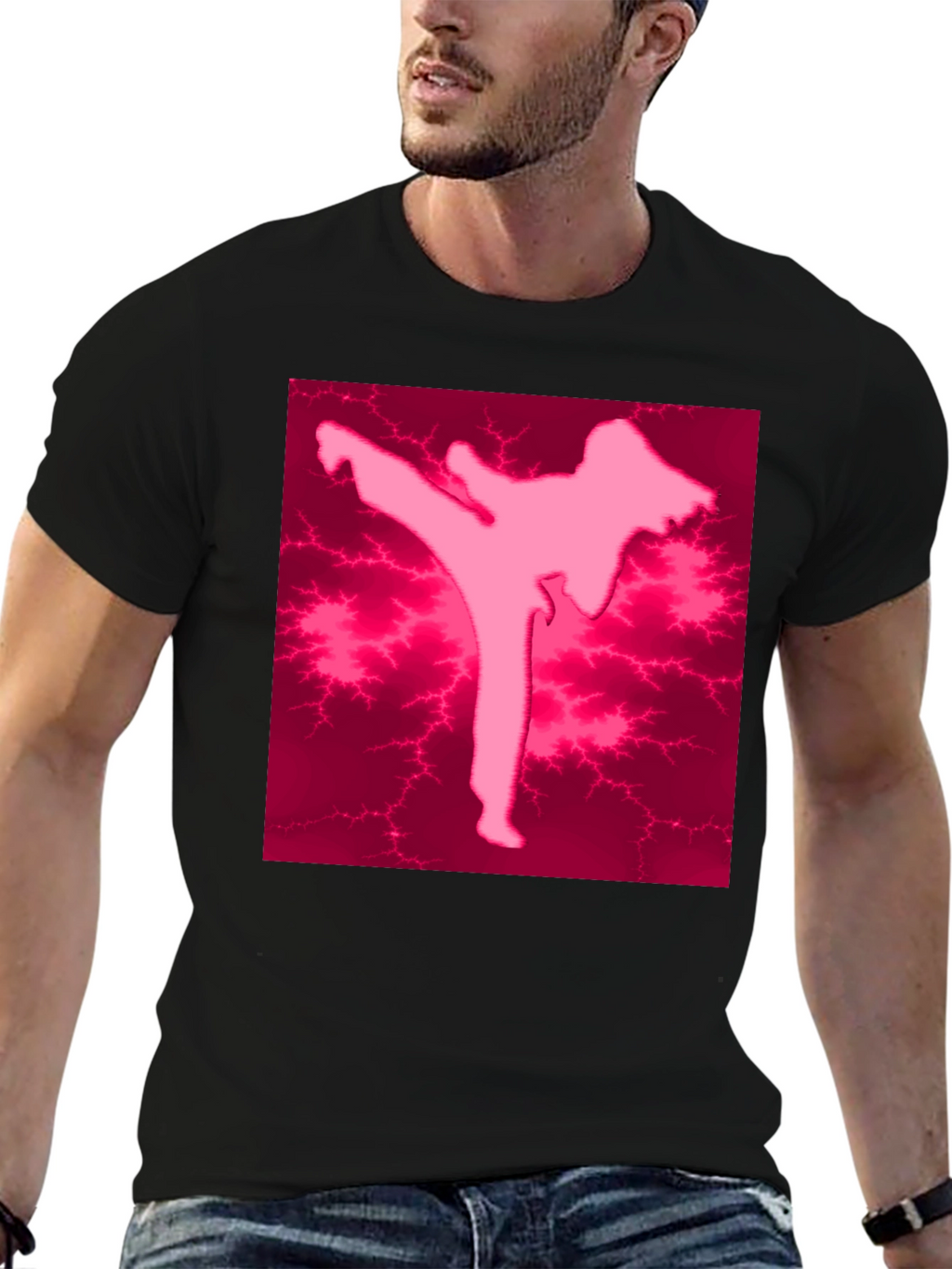 Pink Karate Silhouette Black T-Shirt