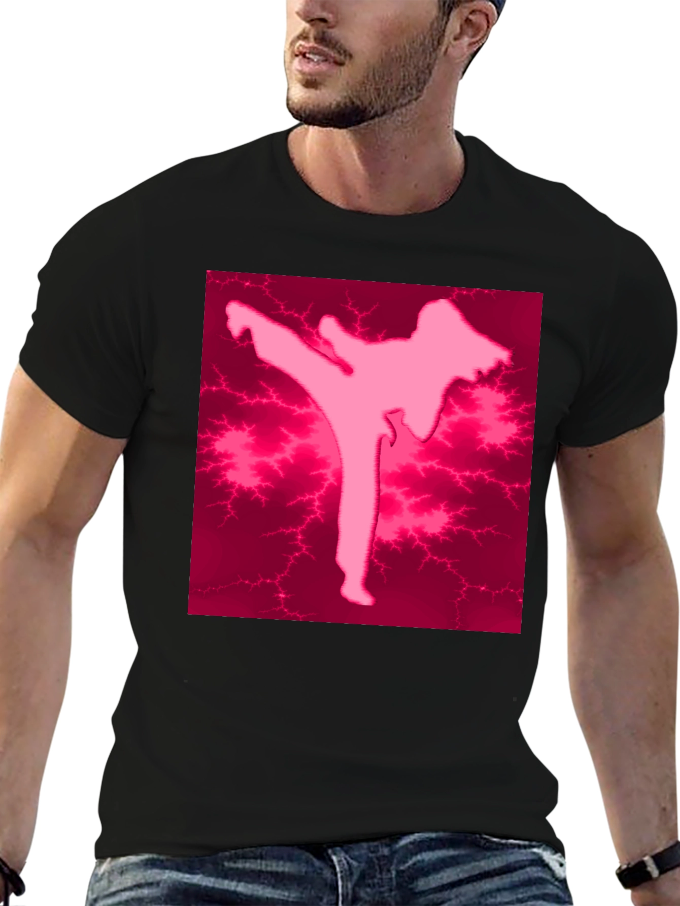 Pink Karate Silhouette Black T-Shirt