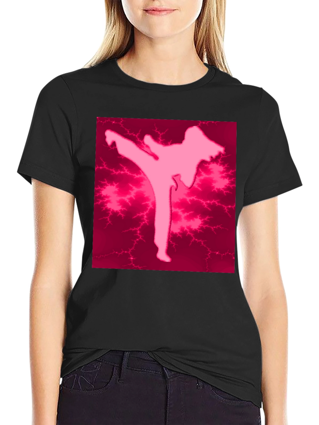 Pink Karate Silhouette Black T-Shirt