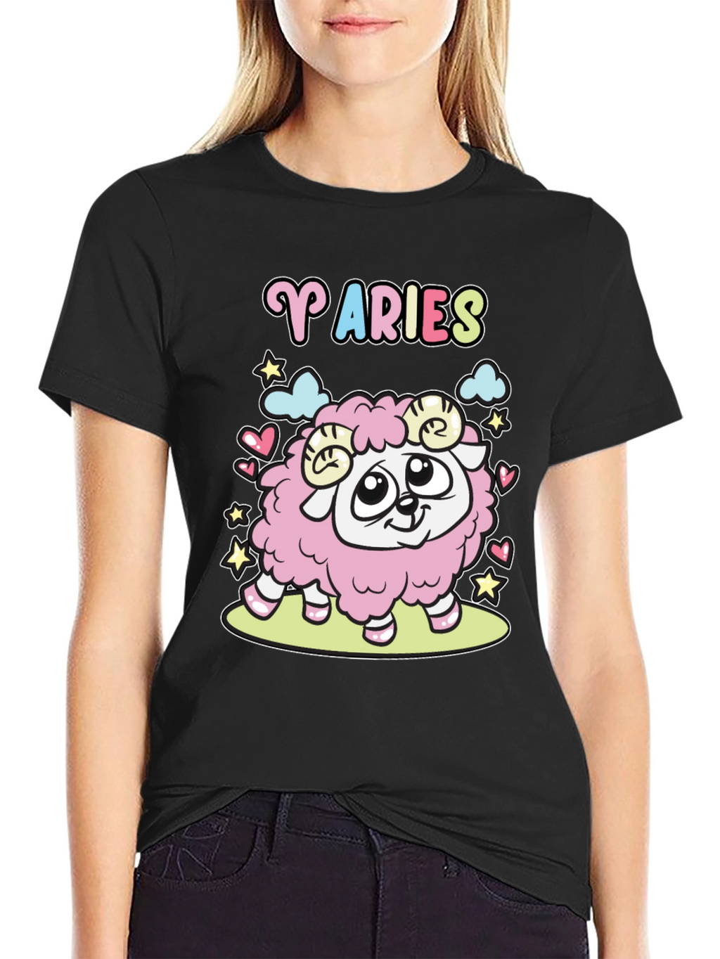 Aries Zodiac Cartoon Graphic Black Tee