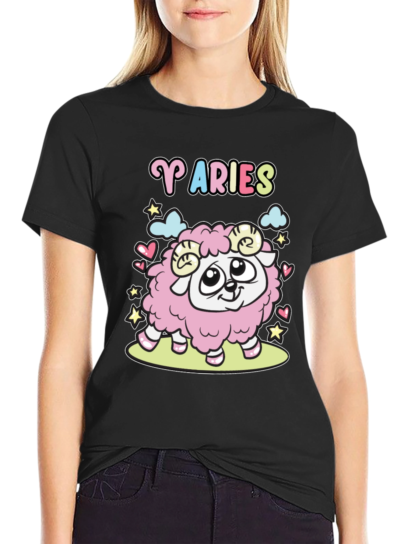 Aries Zodiac Cartoon Graphic Black Tee
