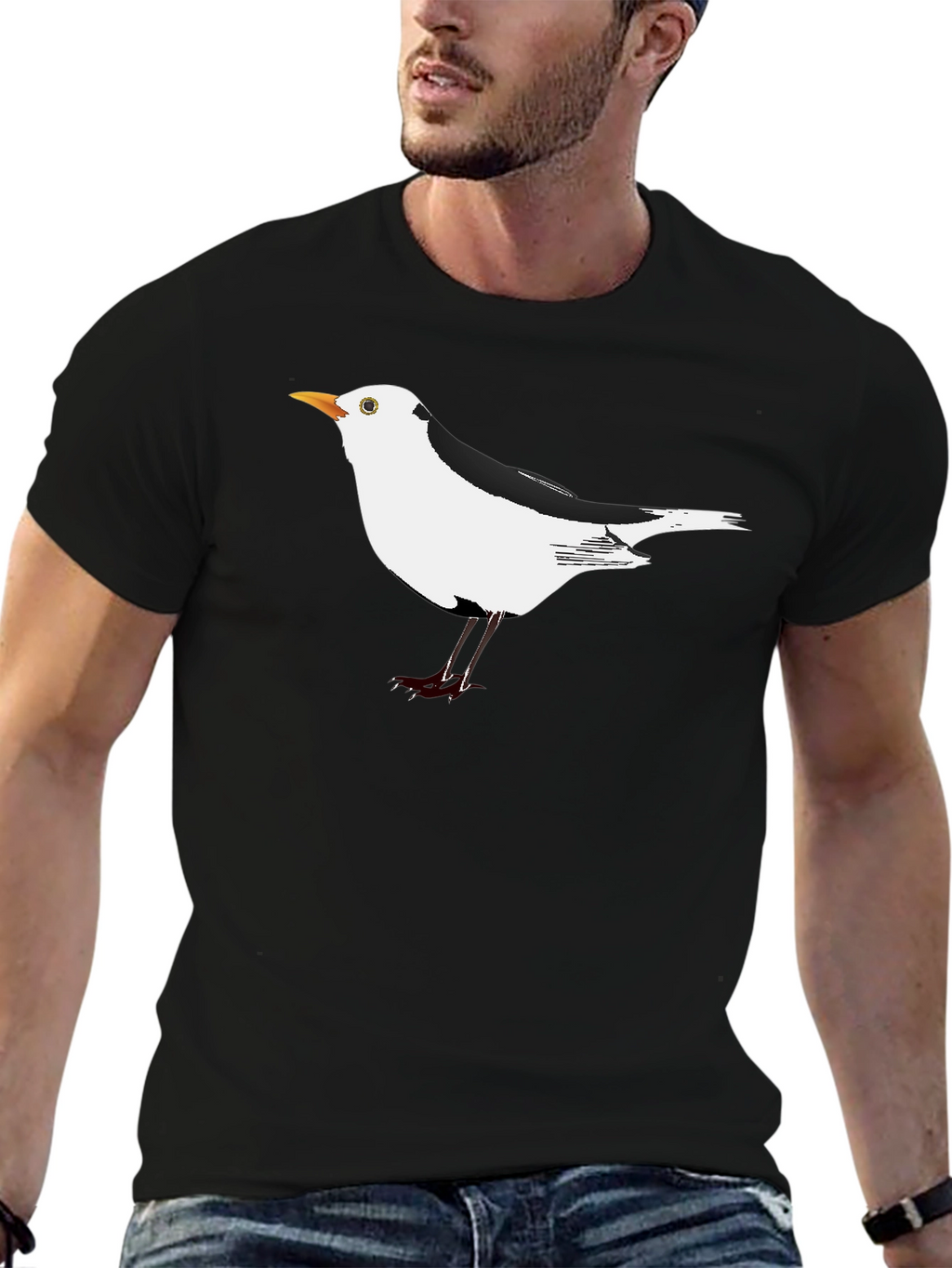 Black T-Shirt with Unique Seagull Bird Graphic