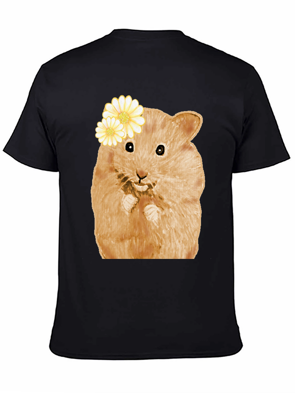 Hamster Wearing Flowers Black T-Shirt