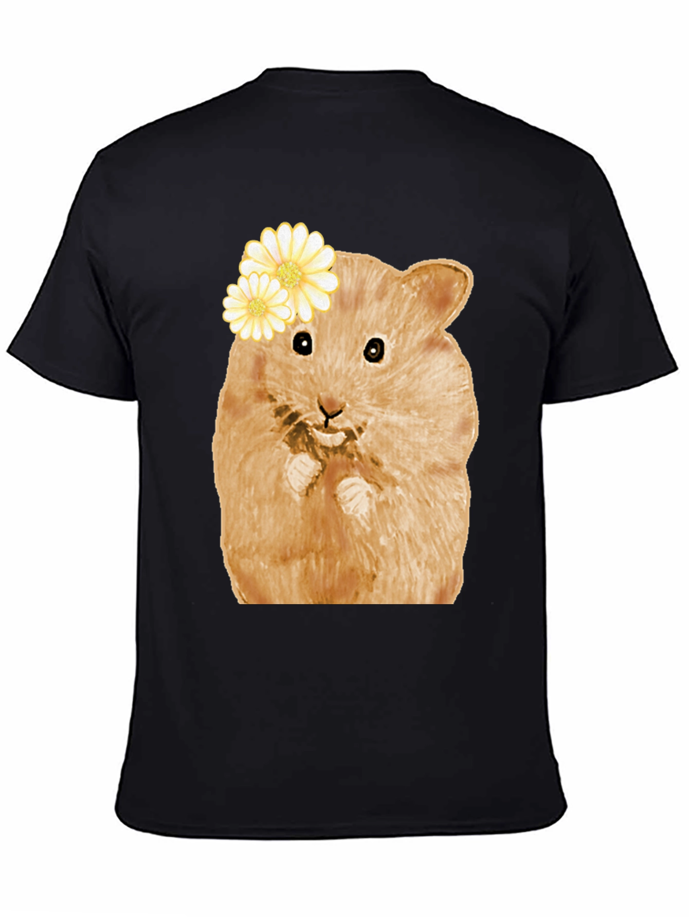 Hamster Wearing Flowers Black T-Shirt