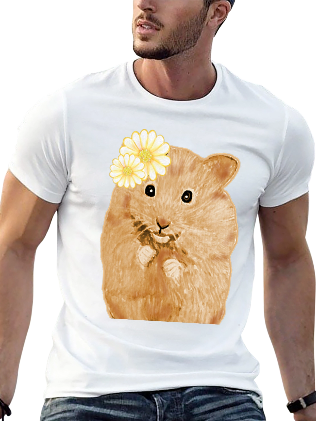 Hamster Wearing Flowers Black T-Shirt