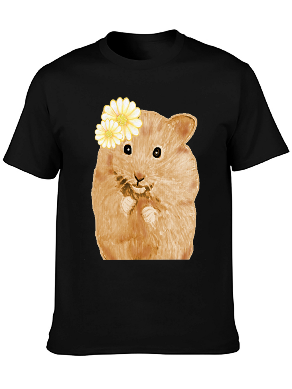 Hamster Wearing Flowers Black T-Shirt
