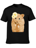 Hamster Wearing Flowers Black T-Shirt