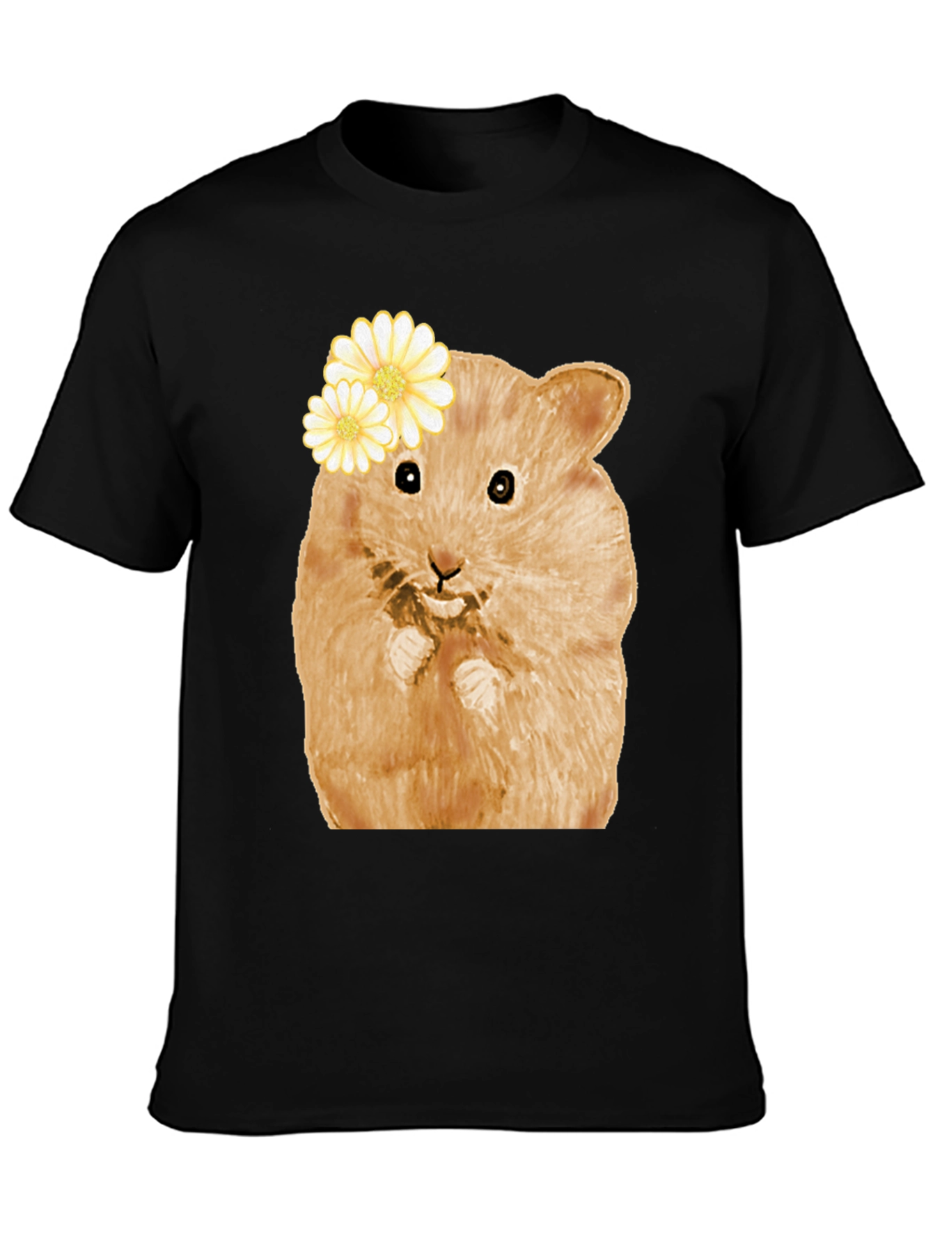 Hamster Wearing Flowers Black T-Shirt