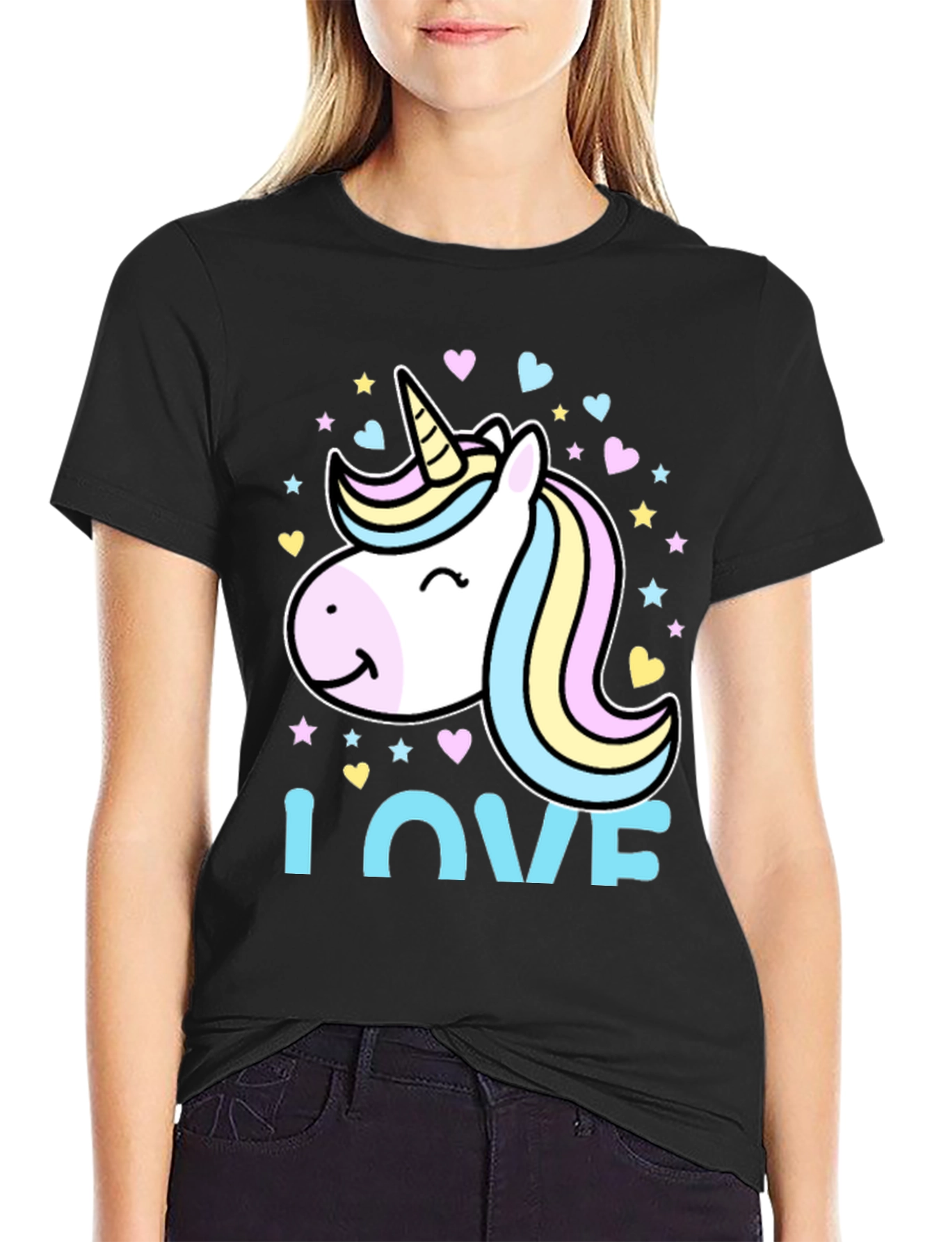 Unicorn Love Graphic Tee - Black Cotton Blend T-Shirt
