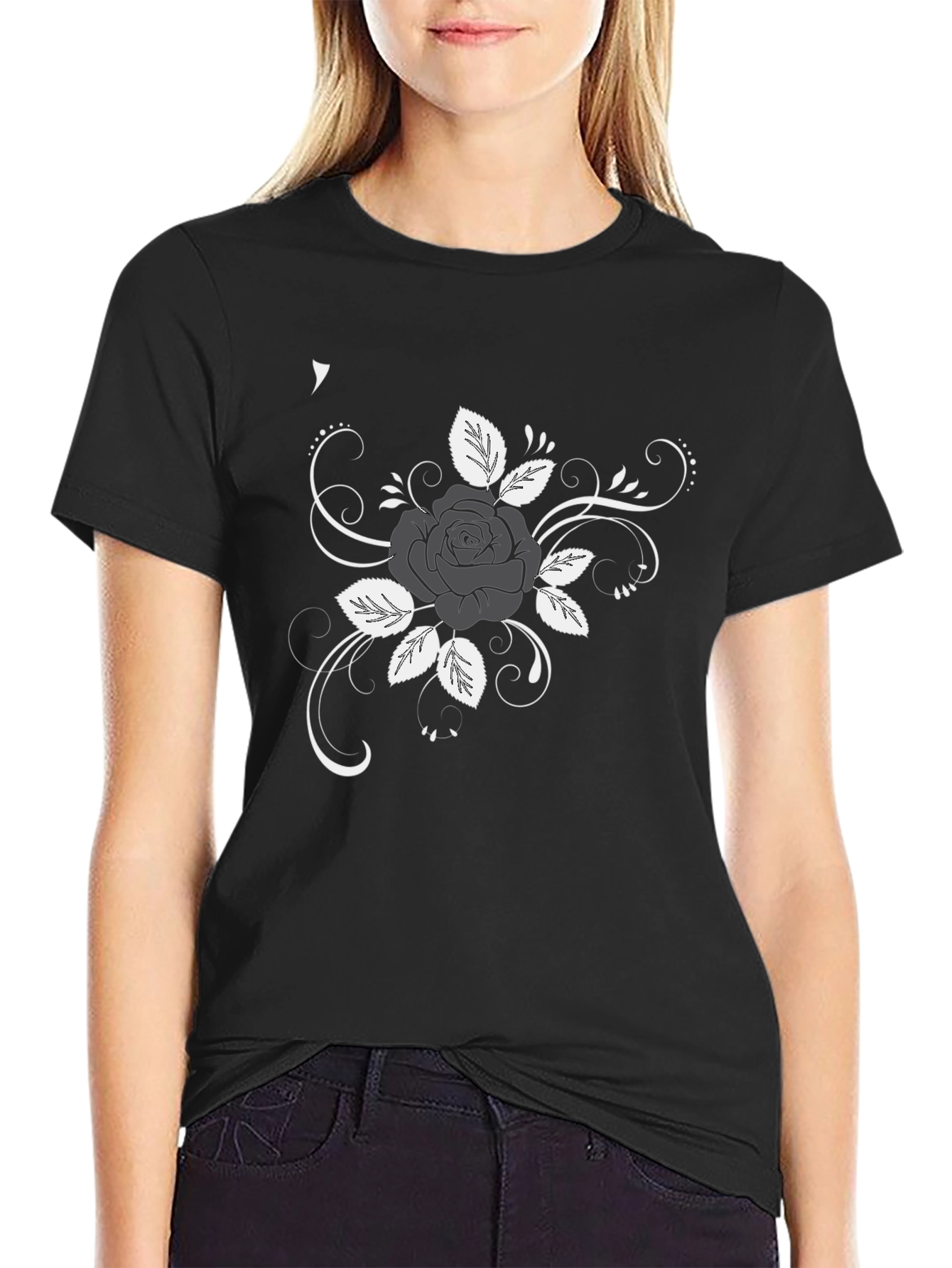 Rose Design Black T-Shirt
