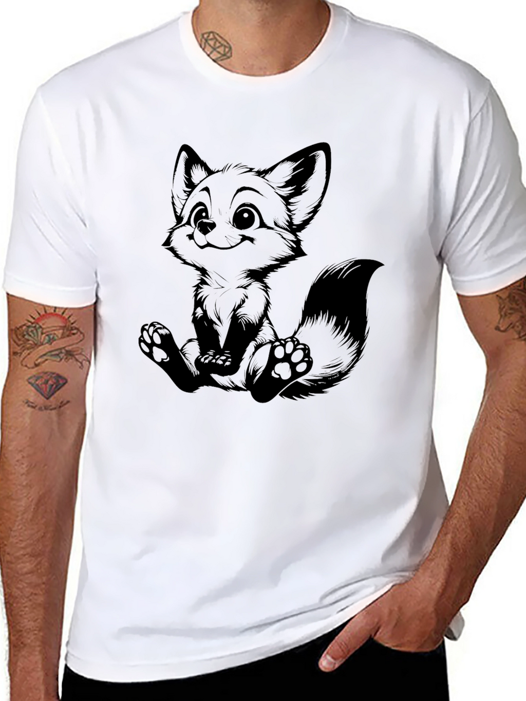 Cute Cartoon Fox Graphic Black T-Shirt