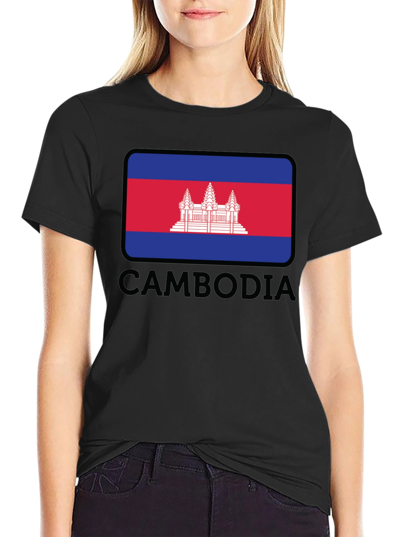 Cambodia Flag T-Shirt - Black Crew Neck Tee