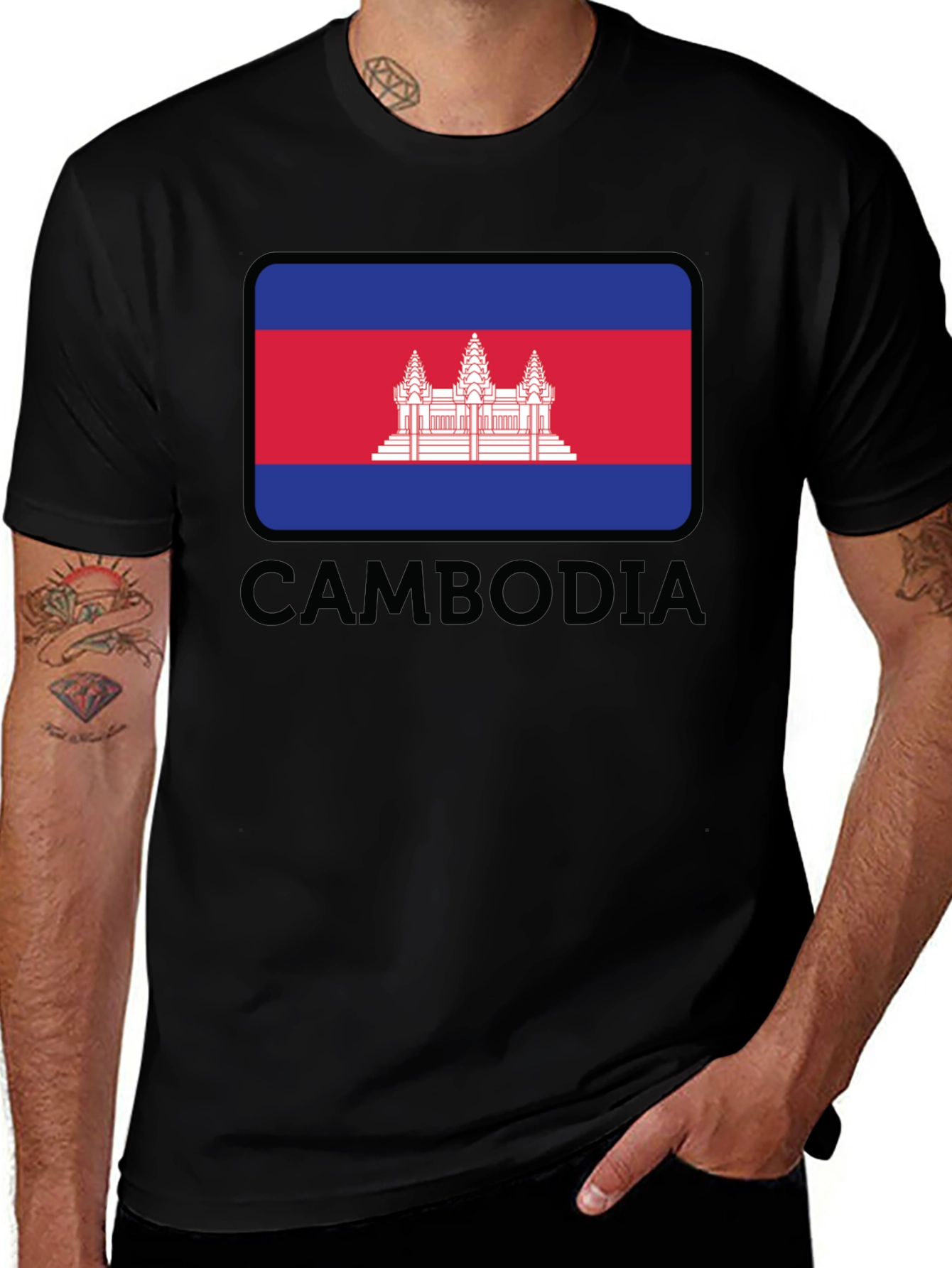 Cambodia Flag T-Shirt - Black Crew Neck Tee