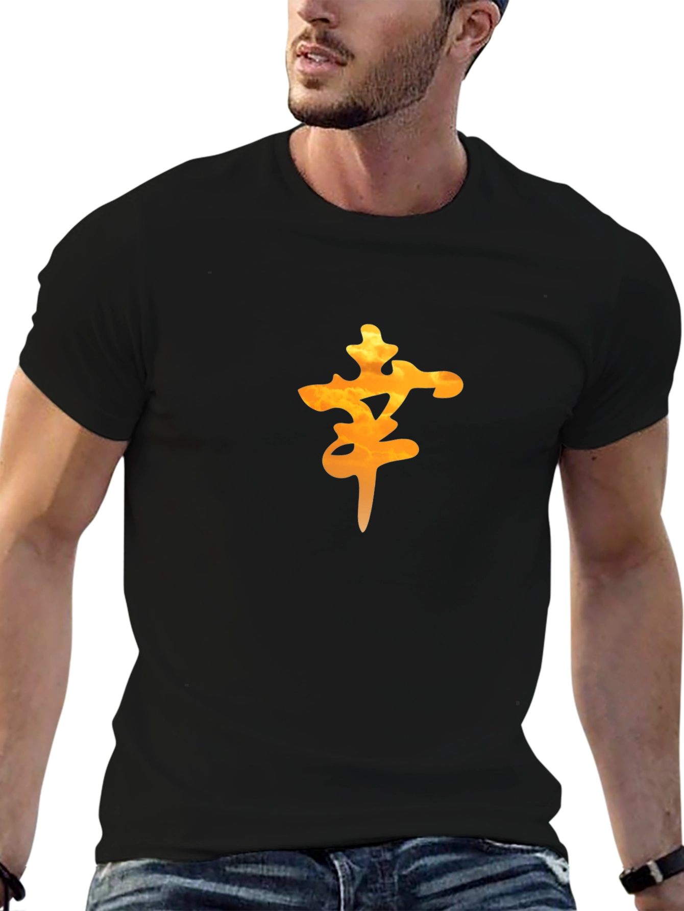 Mens Black Tee with Orange Lucky Symbol