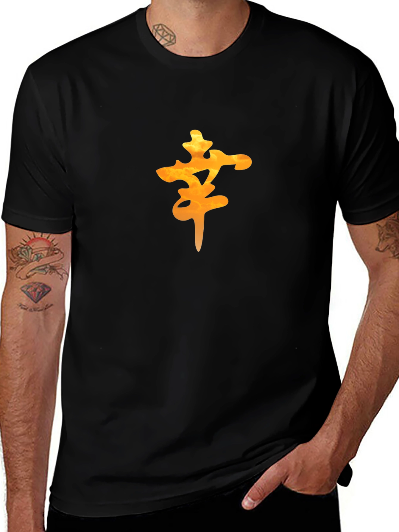 Mens Black Tee with Orange Lucky Symbol