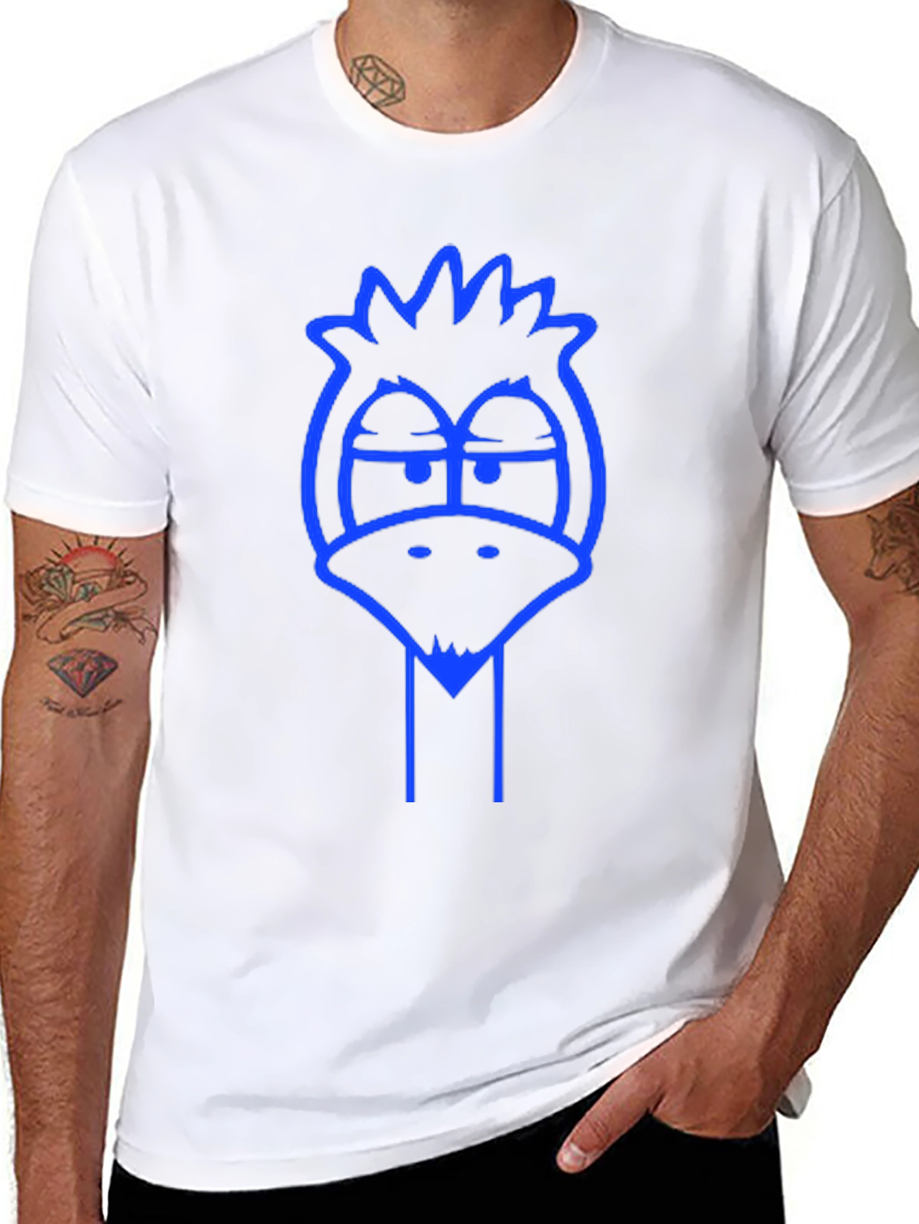 Mens Black T-Shirt with Blue Cartoon Bird Graphic