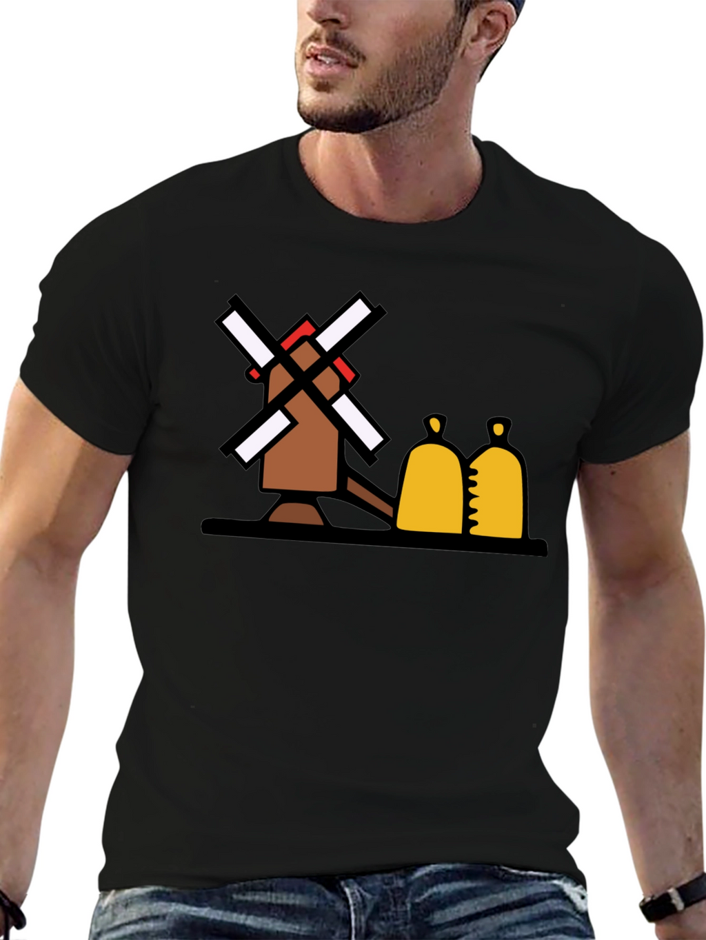 Novelty Windmill Graphic Tee - Black Cotton Blend