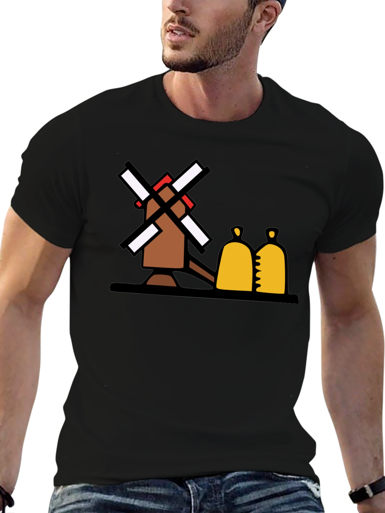 Novelty Windmill Graphic Tee - Black Cotton Blend