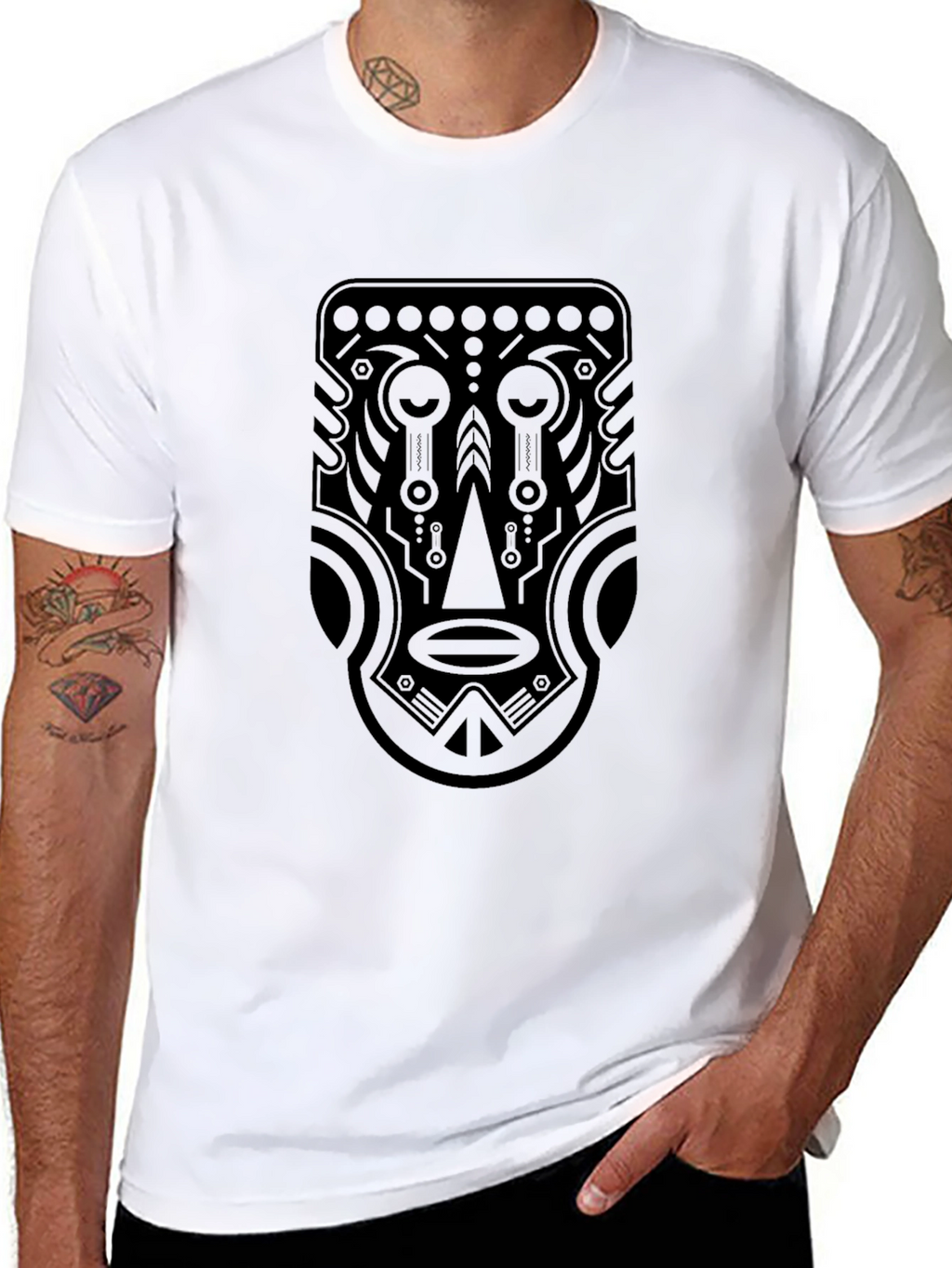 Tribal Mask Graphic Tee - Black Cotton T-Shirt