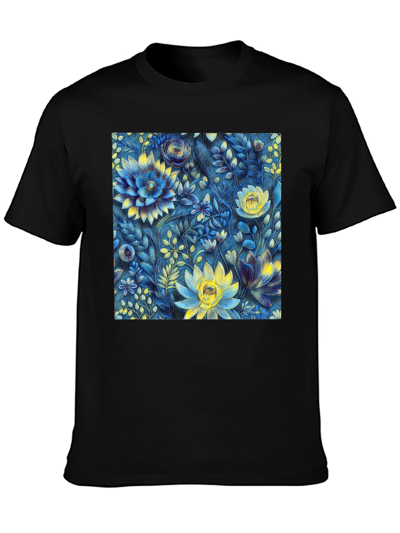 Floral Art Print Tee - Botanical Blue & Yellow T-Shirt