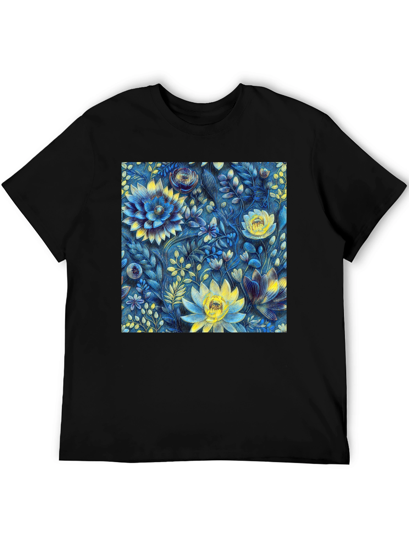 Floral Art Print Tee - Botanical Blue & Yellow T-Shirt