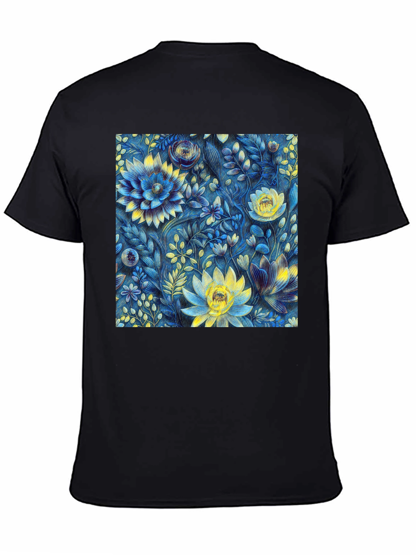Floral Art Print Tee - Botanical Blue & Yellow T-Shirt