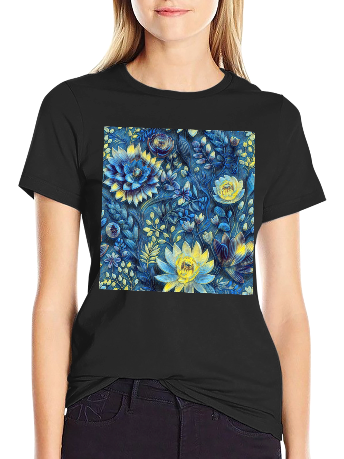 Floral Art Print Tee - Botanical Blue & Yellow T-Shirt