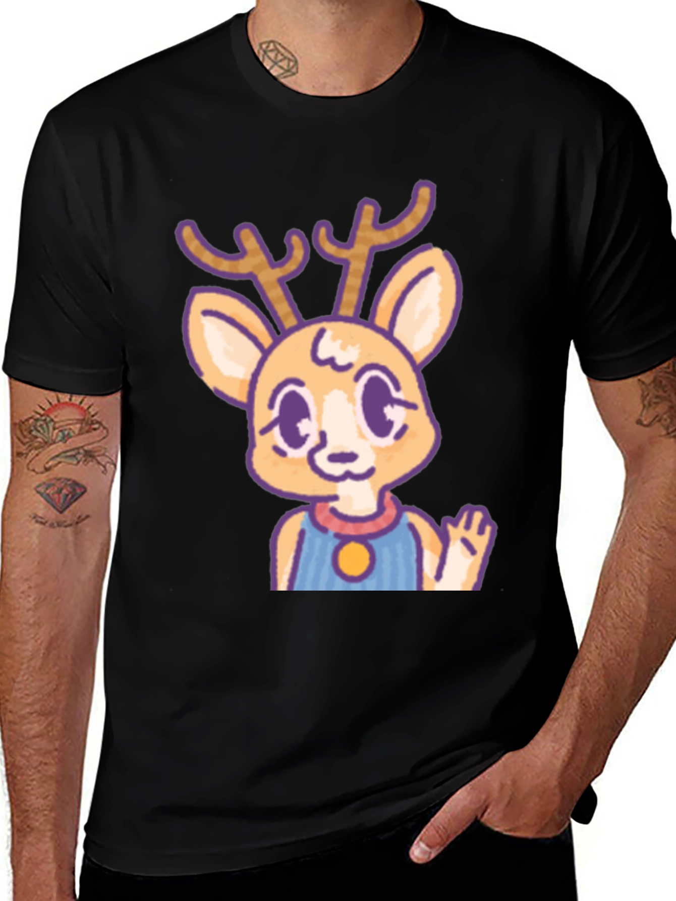 Cute Deer Cartoon Graphic Black T-Shirt
