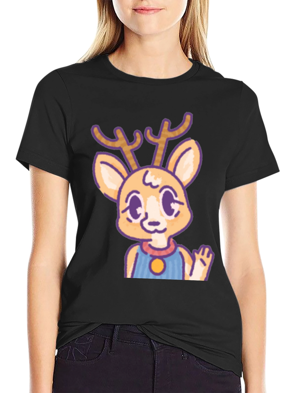 Cute Deer Cartoon Graphic Black T-Shirt