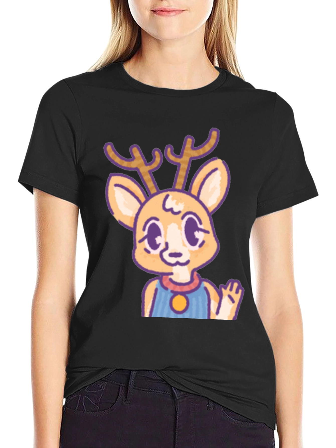 Cute Deer Cartoon Graphic Black T-Shirt