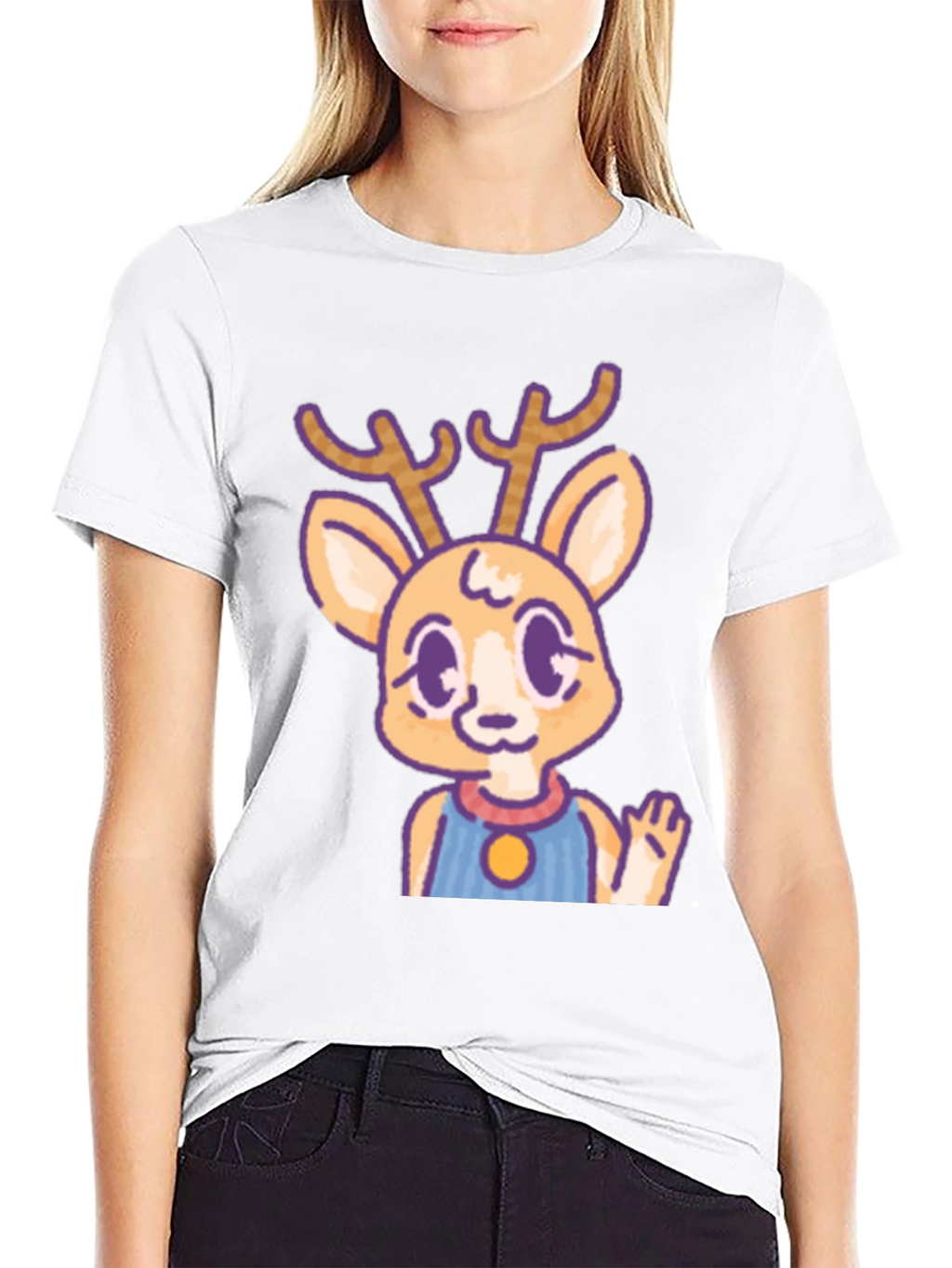 Cute Deer Cartoon Graphic Black T-Shirt