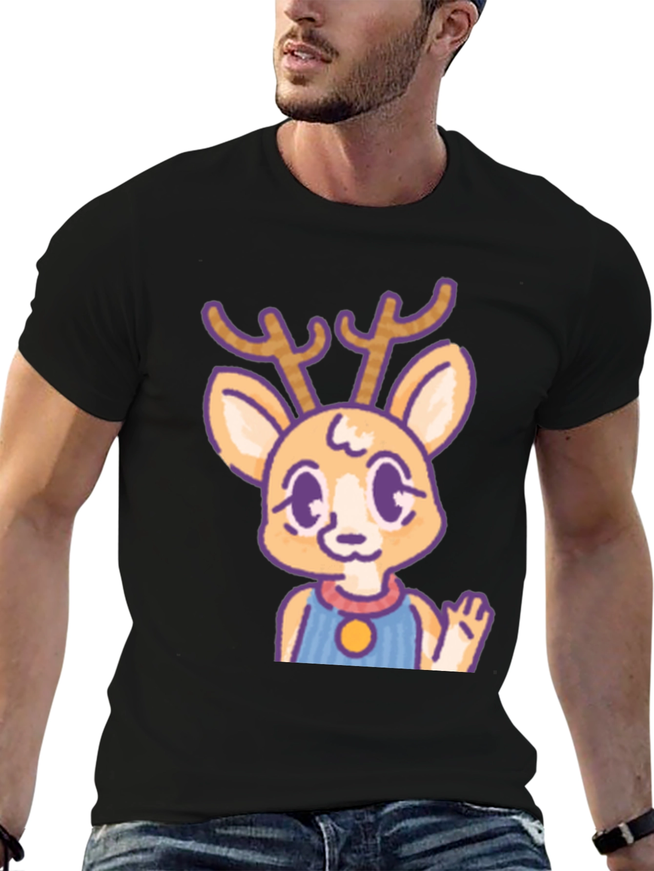 Cute Deer Cartoon Graphic Black T-Shirt